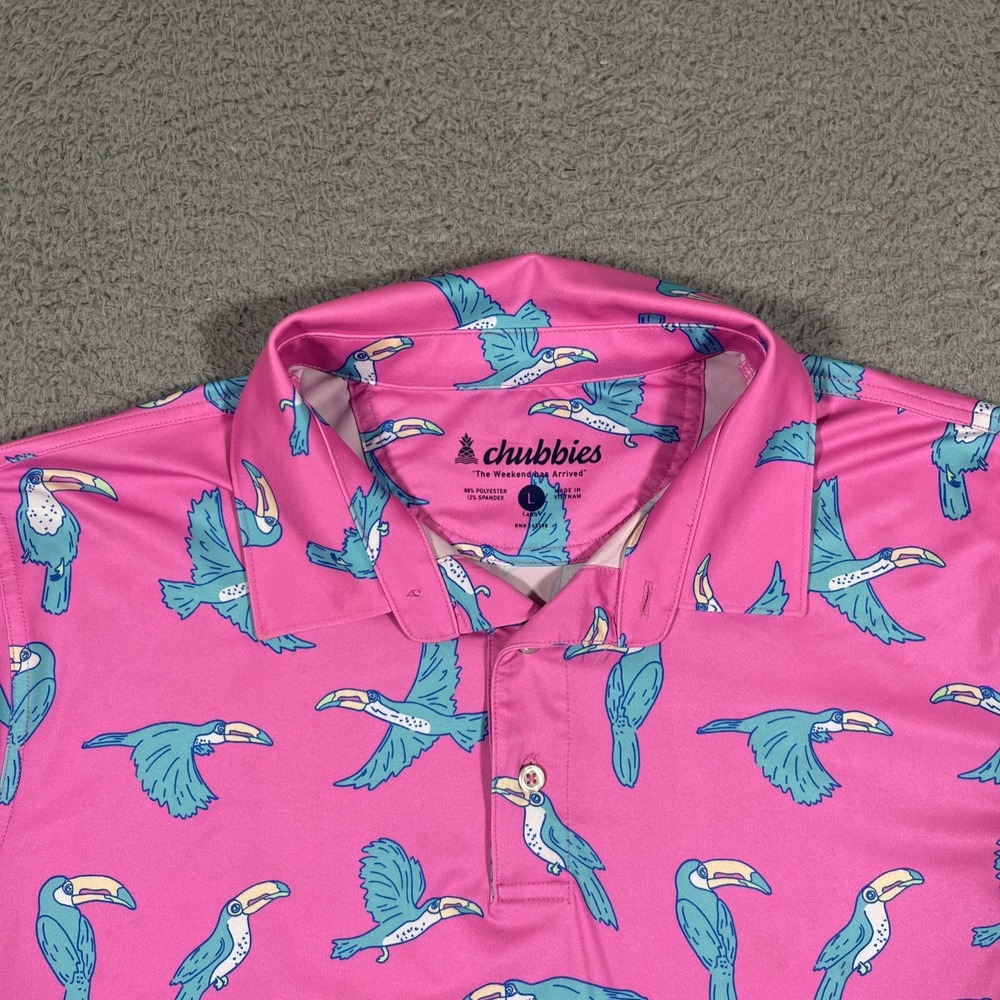 Chubbies Shirt Lightweight Mens Sz L The Toucan Do It Golf Polo Performance Pink - Picture 2 of 7
